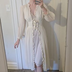 1940s Vintage Sheer Dressing Gown Robe Tie Front Romantic Puff Sleeve Bridal